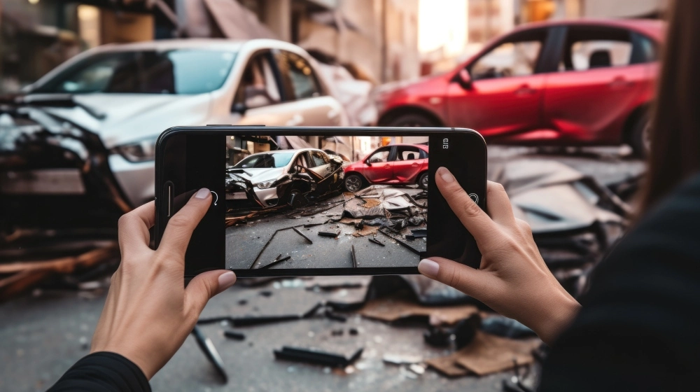 Woman takes a photo of accident-damaged cars before attempting to sell her damaged car online.